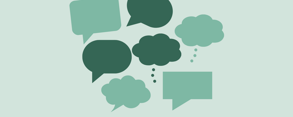 Picture with several speechbubbles on light green background